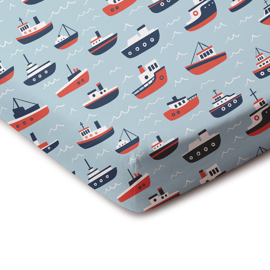 Fitted Crib Sheet - Tugboats Pale Blue