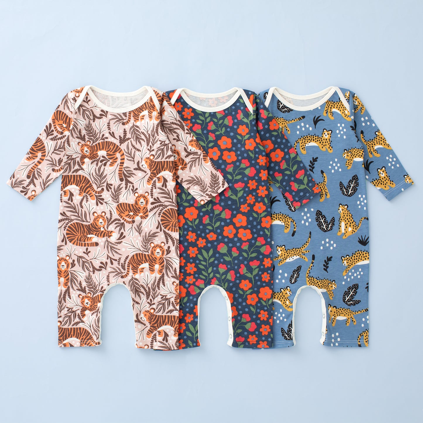 Long-Sleeve Romper Bundle - Big Cats & Flowers Blue & Pink