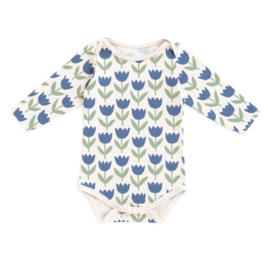 Long-Sleeve Snapsuit - Tulips Blue