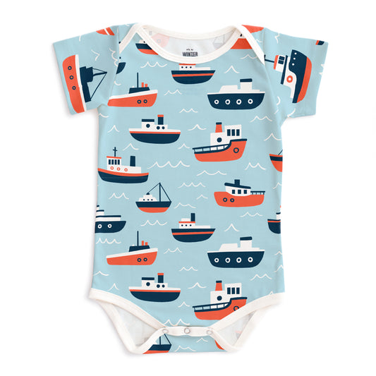 Short-Sleeve Snapsuit - Tugboats Pale Blue