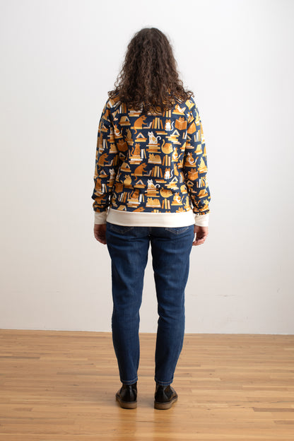 Adult Sweatshirt - Cats & Books Navy & Gold
