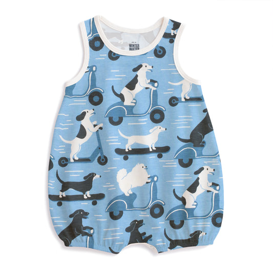 Bubble Romper - Dogs on Scooters Blue
