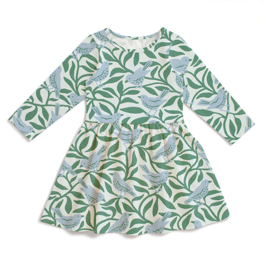 Calgary Dress - Birds on Branches Blue & Green