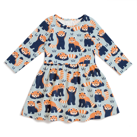 Calgary Dress - Red Pandas Pale Blue