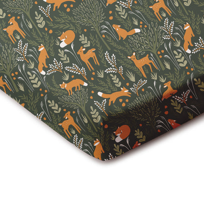 Fitted Crib Sheet - Deer & Foxes Dark Green