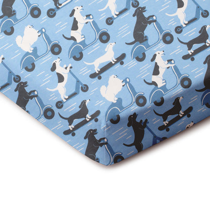 Fitted Crib Sheet - Dogs on Scooters Blue