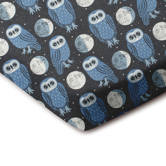 Fitted Crib Sheet - Midnight Owls Charcoal & Blue