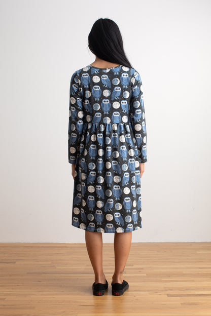 Copenhagen Dress - Midnight Owls Charcoal & Blue