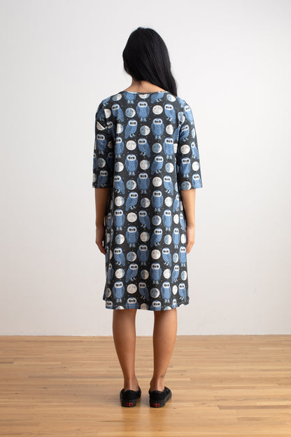 Helsinki Dress - Midnight Owls Charcoal & Blue
