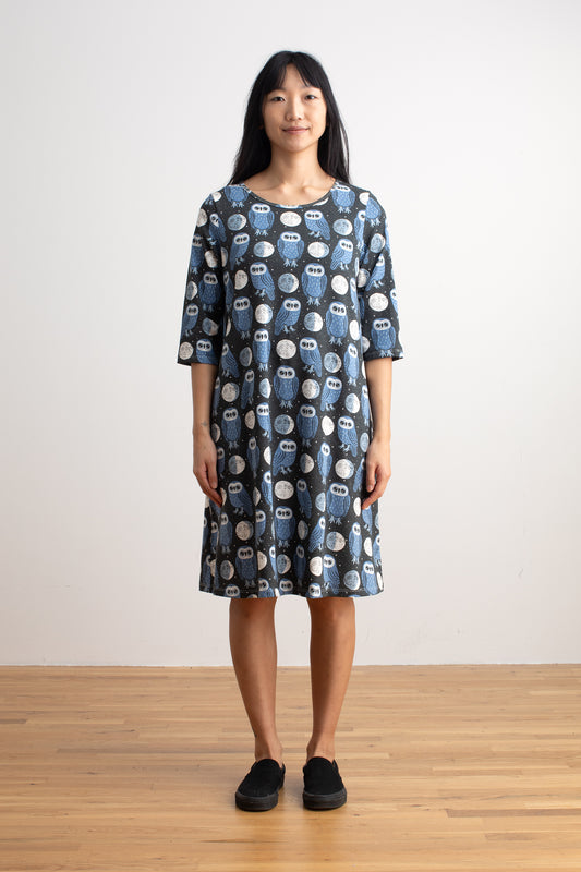Helsinki Dress - Midnight Owls Charcoal & Blue