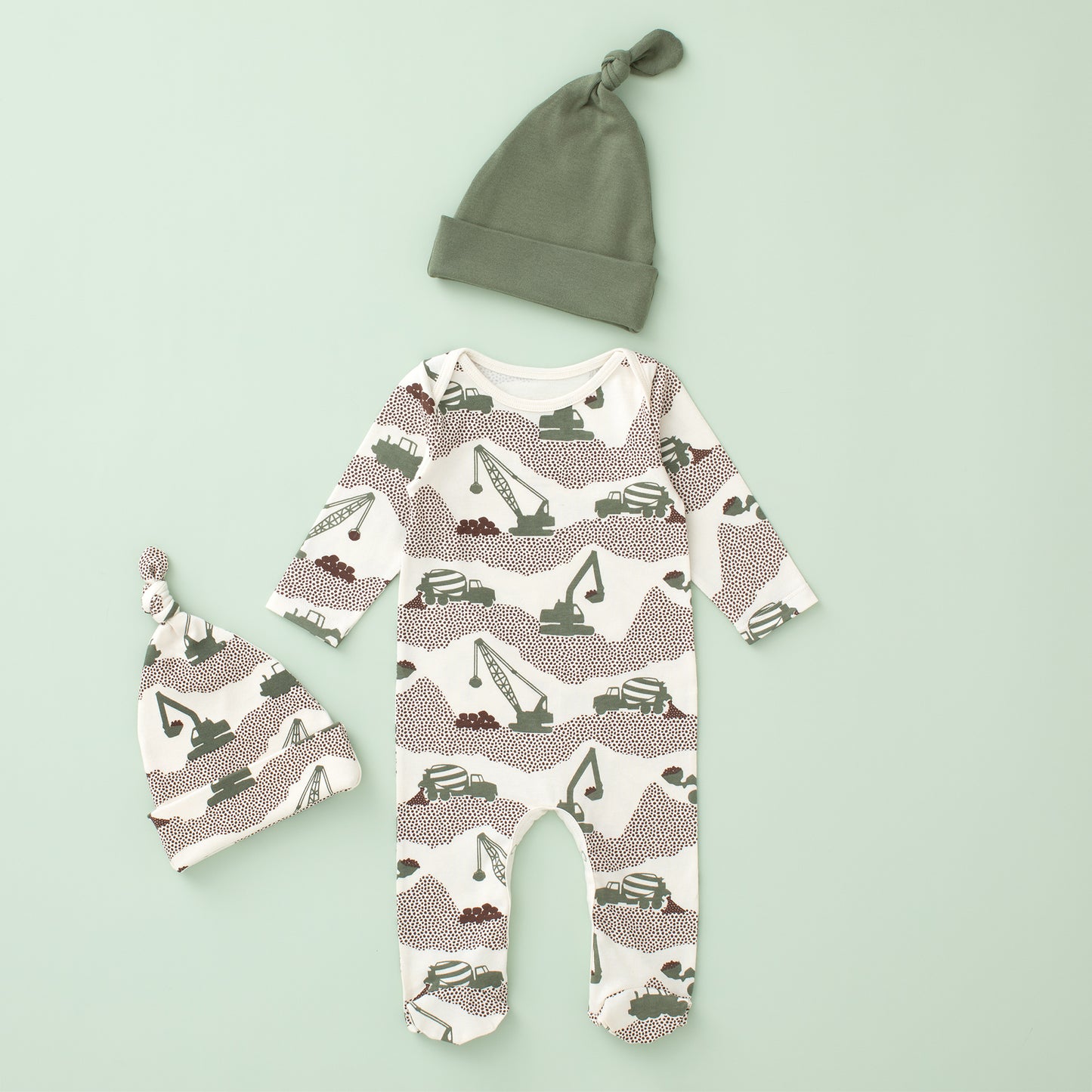 Footed Romper Bundle - Construction Forest Green