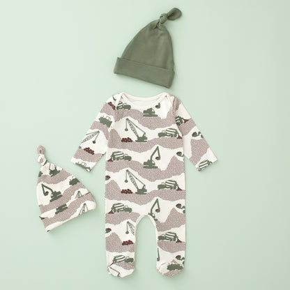 Footed Romper Bundle - Construction Forest Green