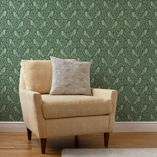 Wallpaper - Birds on Branches Green