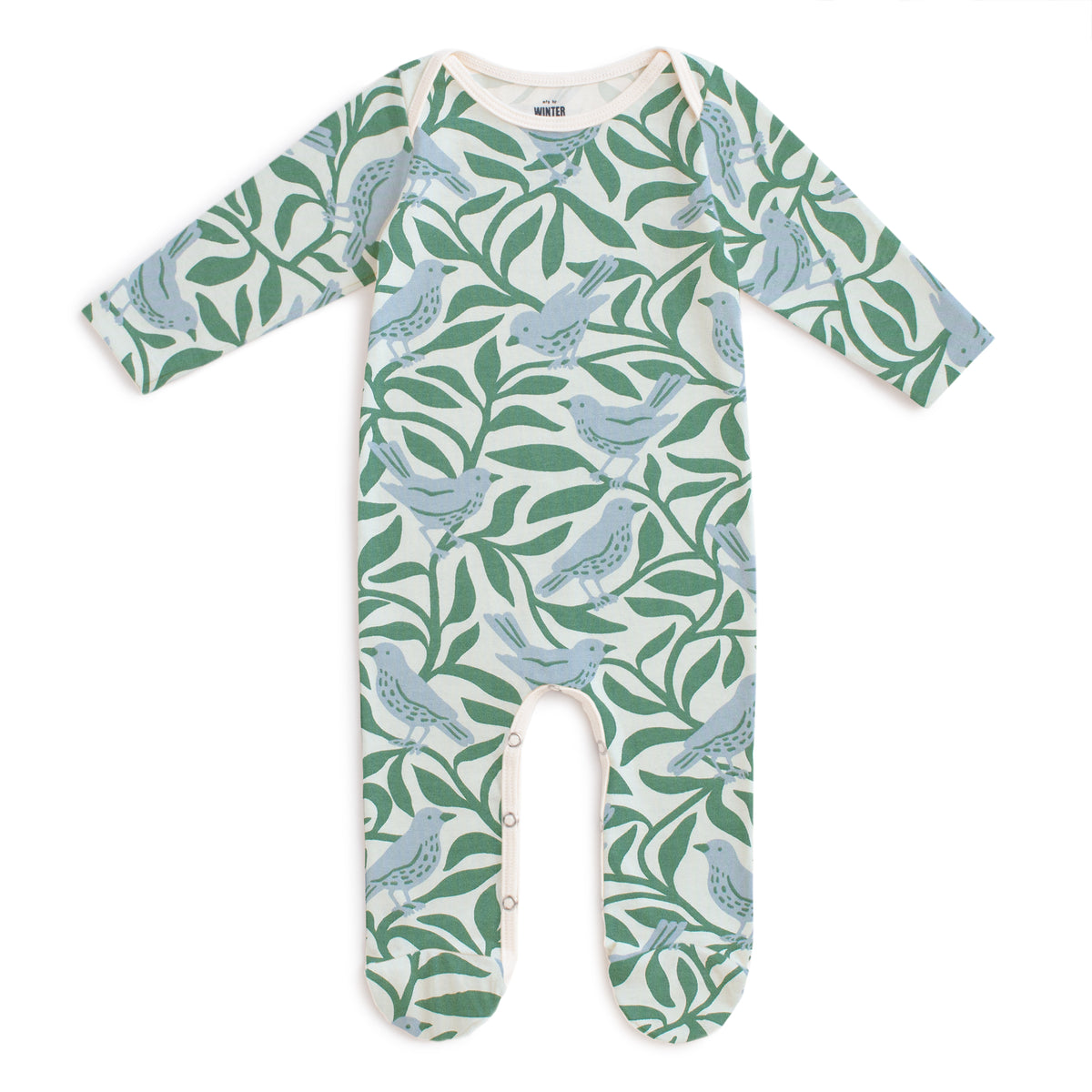 Footed Romper - Birds on Branches Blue & Green