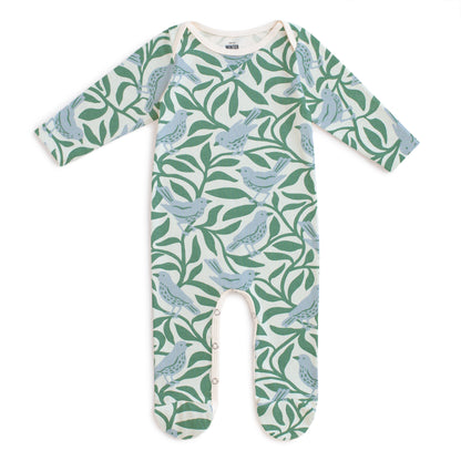Footed Romper - Birds on Branches Blue & Green