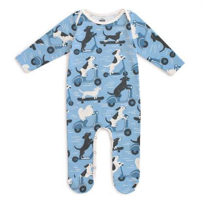 Footed Romper - Dogs on Scooters Blue