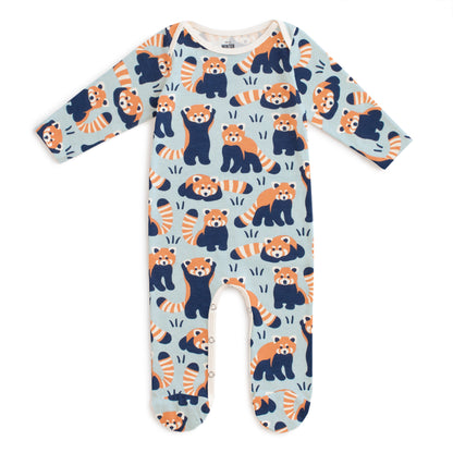 Footed Romper - Red Pandas Pale Blue