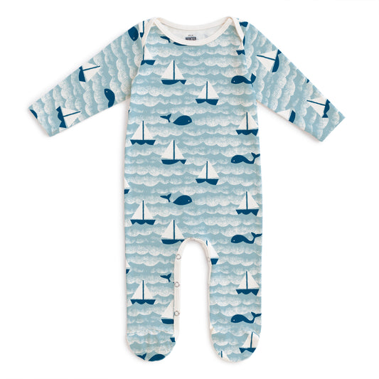 Footed Romper - Sailboats Ocean Blue & Navy