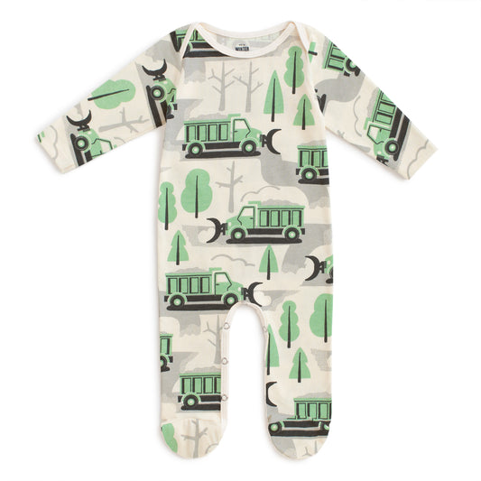 Footed Romper - Snow Plows Green