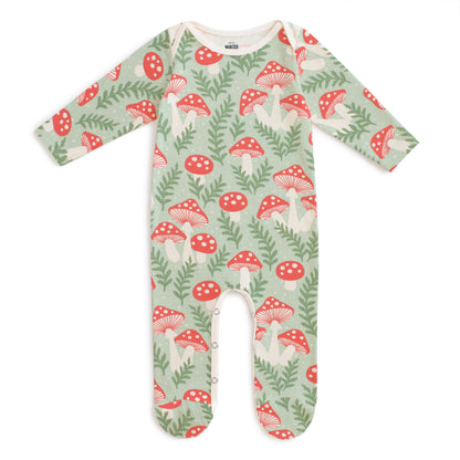 Footed Romper - Toadstools Green & Red