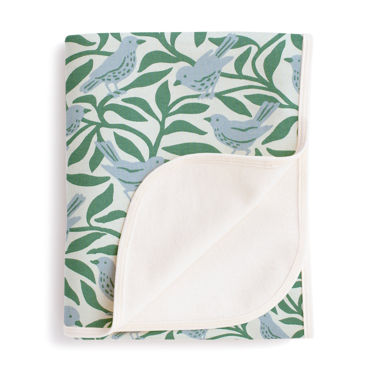 French Terry Blanket - Birds on Branches Blue & Green