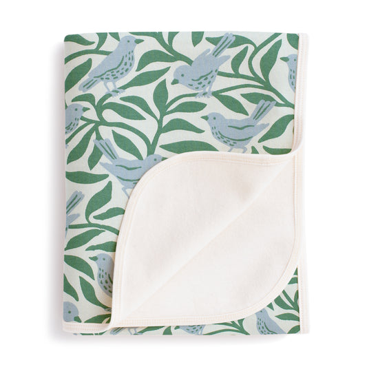 French Terry Blanket - Birds on Branches Blue & Green