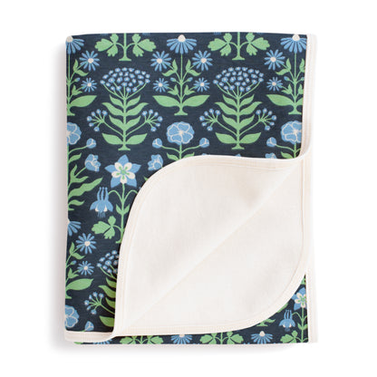 French Terry Blanket - Blockprint Floral Blue & Green