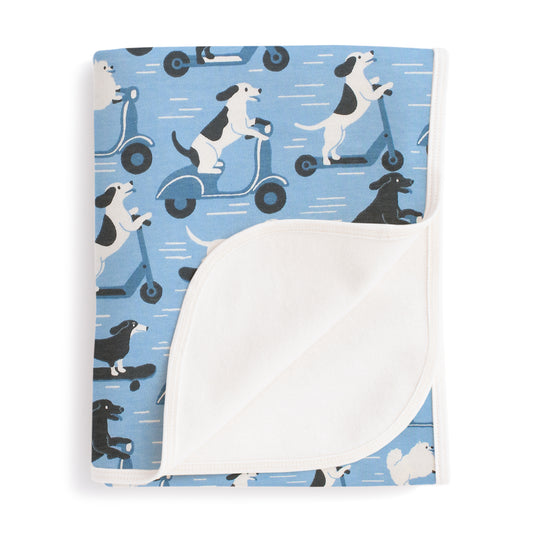 French Terry Blanket - Dogs on Scooters Blue