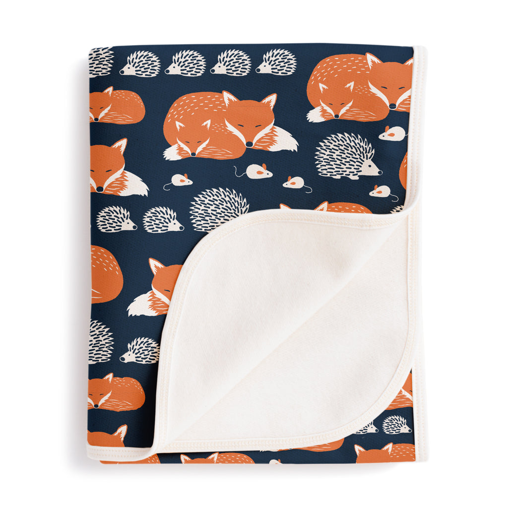 French Terry Blanket - Foxes & Hedgehogs Navy & Orange