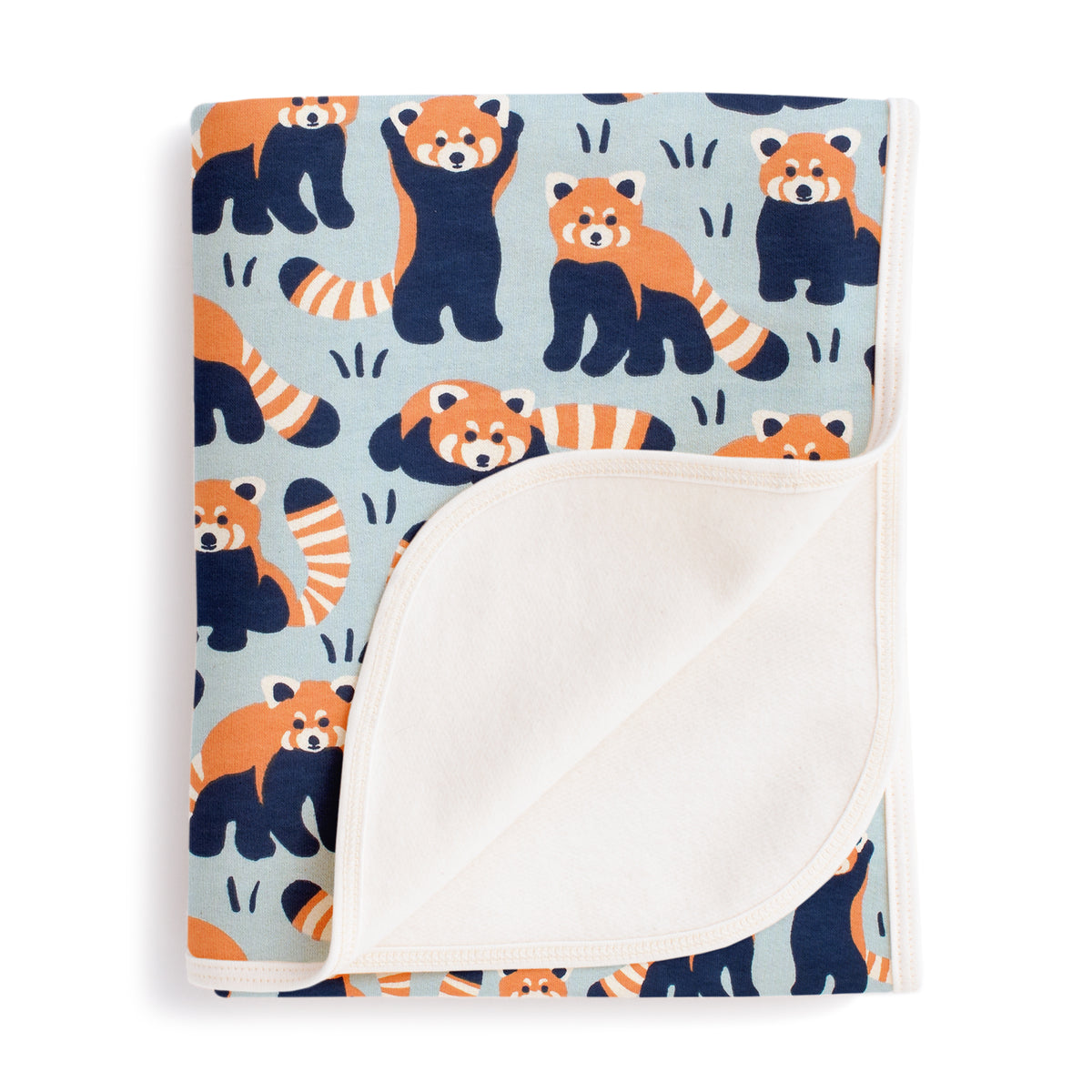 French Terry Blanket - Red Pandas Pale Blue