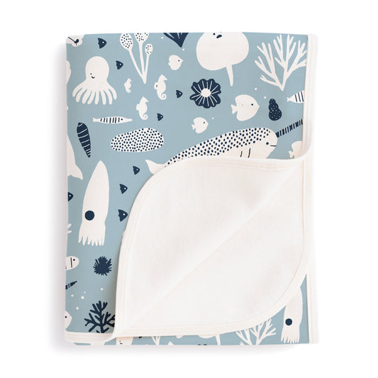 French Terry Blanket - Sea Creatures Pale Blue & Navy