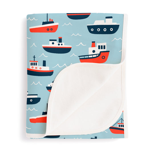 French Terry Blanket - Tugboats Pale Blue