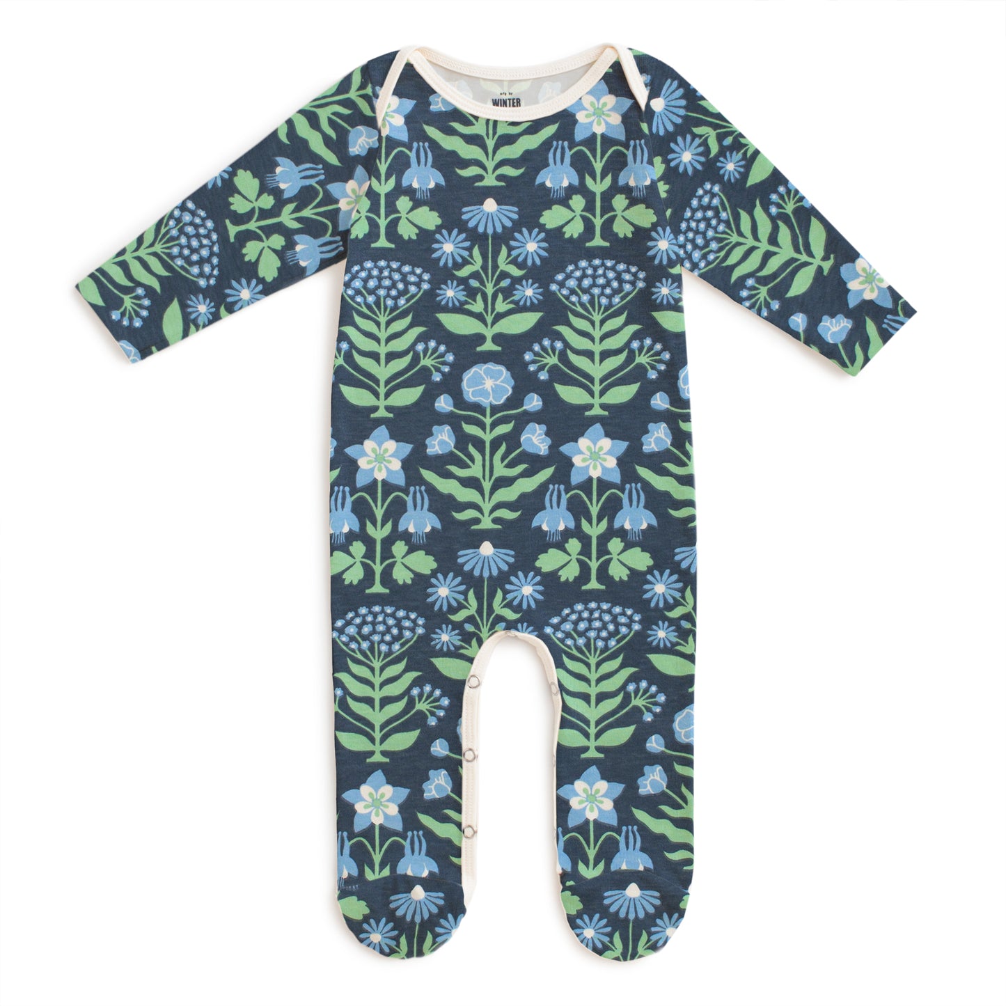 Footed Romper - Blockprint Floral Blue & Green