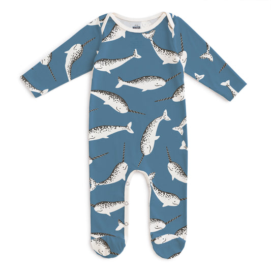 Footed Romper - Narwhals Blue