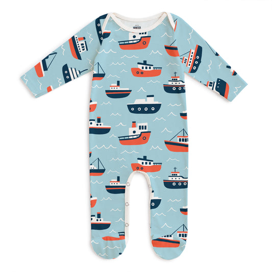 Footed Romper - Tugboats Pale Blue