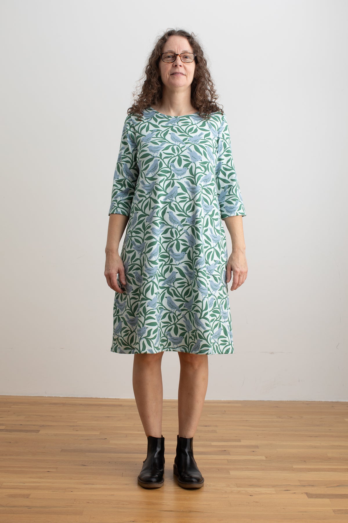 Helsinki Dress - Birds on Branches Blue & Green