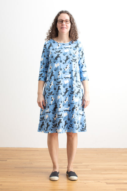 Helsinki Dress - Dogs on Scooters Blue