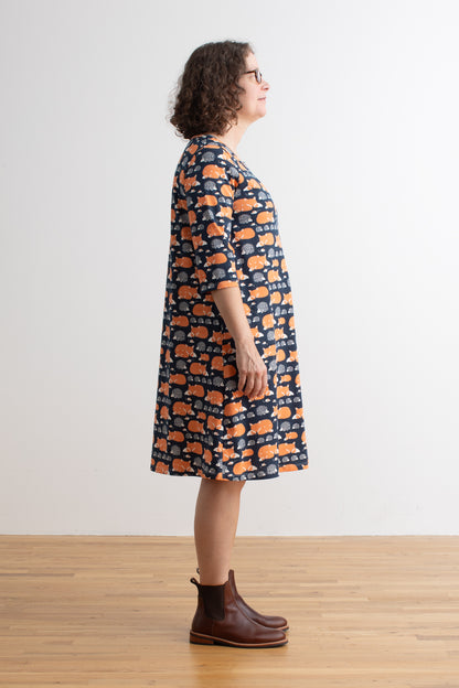 Helsinki Dress - Foxes & Hedgehogs Night Sky