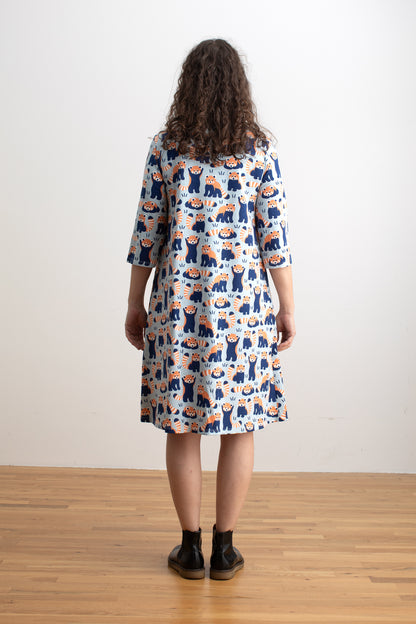Helsinki Dress - Red Pandas Pale Blue