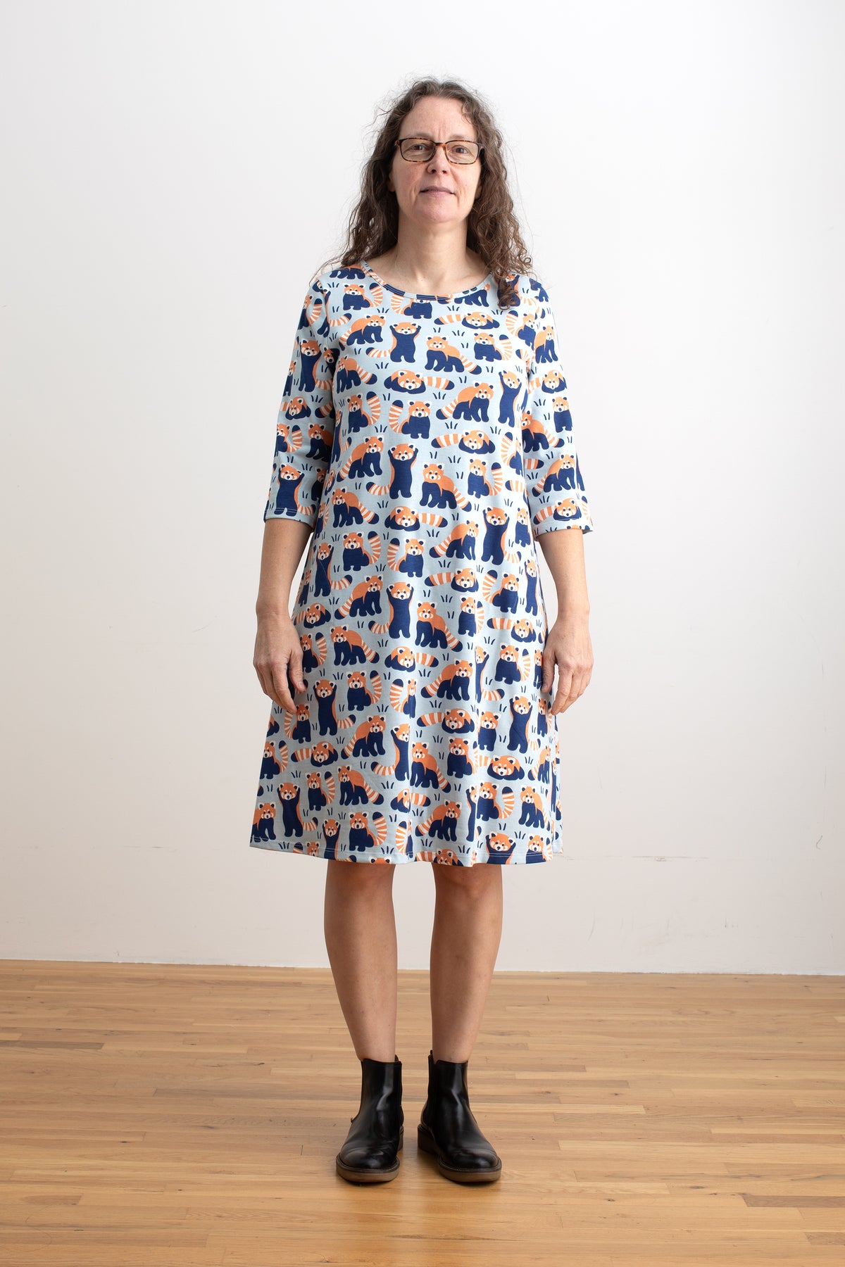 Helsinki Dress - Red Pandas Pale Blue