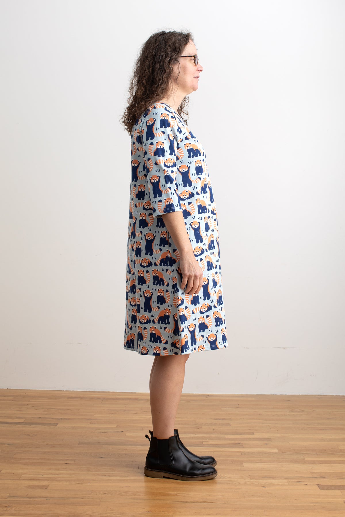 Helsinki Dress - Red Pandas Pale Blue