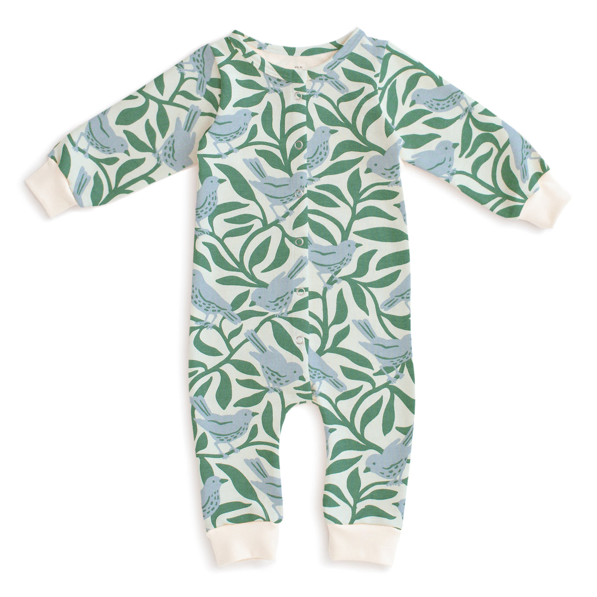 French Terry Jumpsuit - Birds on Branches Blue & Green