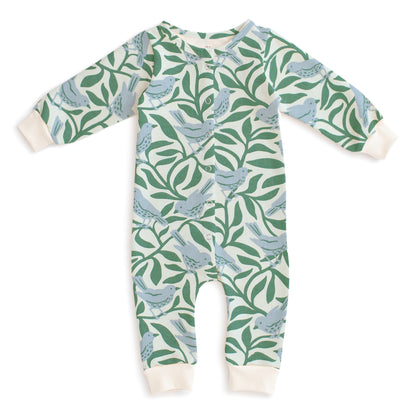 French Terry Jumpsuit - Birds on Branches Blue & Green