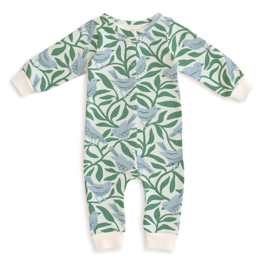 French Terry Jumpsuit - Birds on Branches Blue & Green