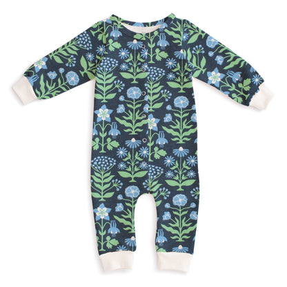French Terry Jumpsuit - Blockprint Floral Blue & Green