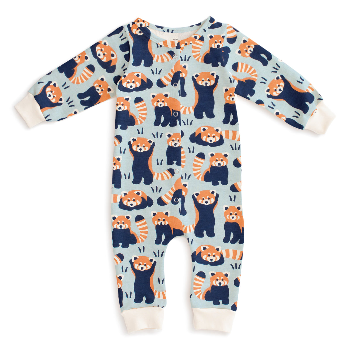 French Terry Jumpsuit - Red Pandas Pale Blue
