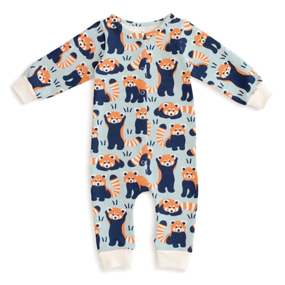 French Terry Jumpsuit - Red Pandas Pale Blue