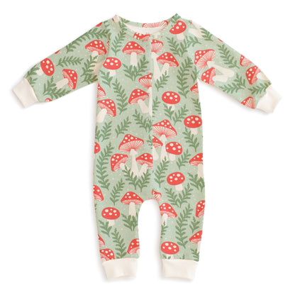 French Terry Jumpsuit - Toadstools Green & Red