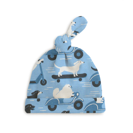 Knotted Baby Hat - Dogs on Scooters Blue
