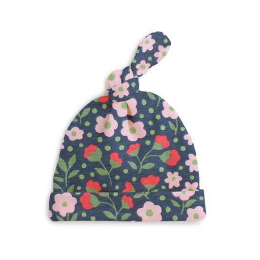 Knotted Baby Hat - Garden Blooms Navy & Pink